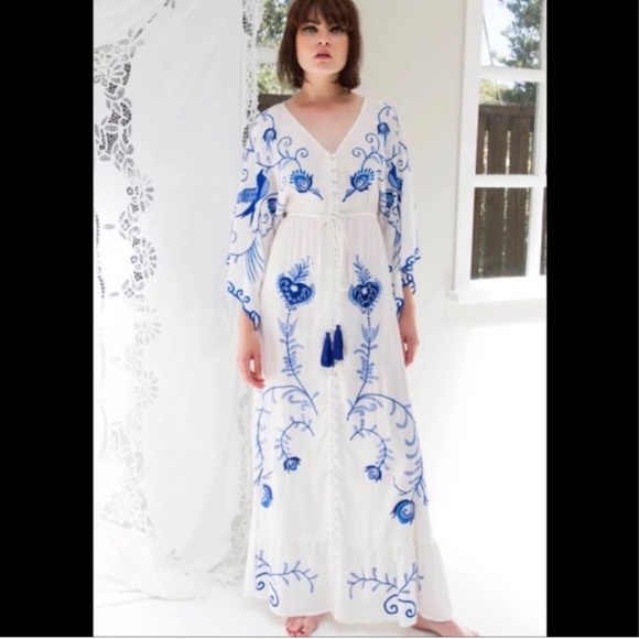 5 Star ⭐️ Favorite Boho Embroidered Blu Hearts Magic Kimono Blue Bird Maxi Dress - Picture 5 of 14